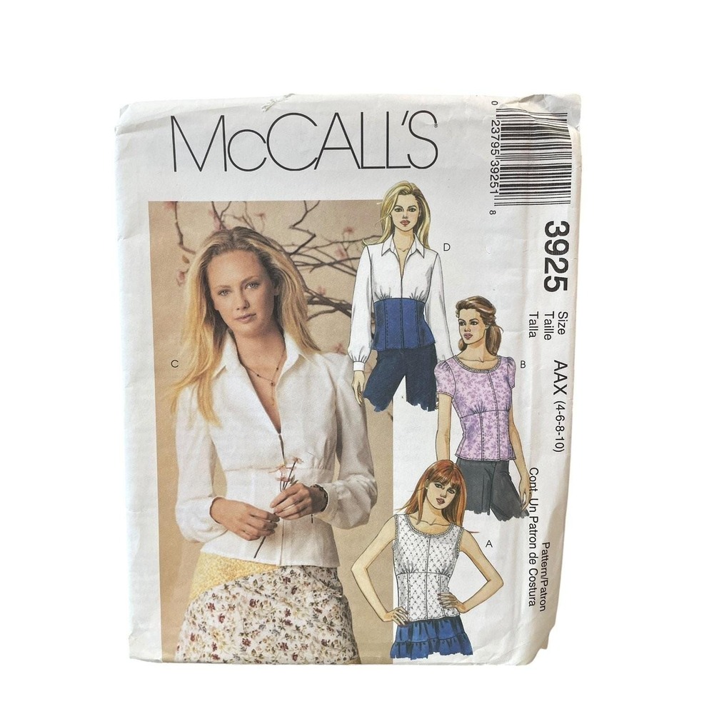 McCalls 3925 Sewing Pattern Misses Size 4 6 8 10 White Y2K Corset Blouse Shirt